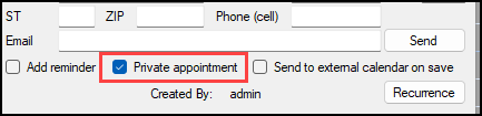 Image of "Prvate appointment" check box on the Appointment detail dialog box